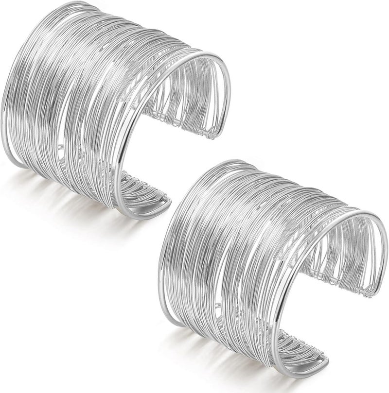 RIOSO 2 Pcs Cuff Bangle Bracelet for Women Open Wide Wire Bracelets Adjustable Wrist Cuff Wrap Bracelet - Image 1
